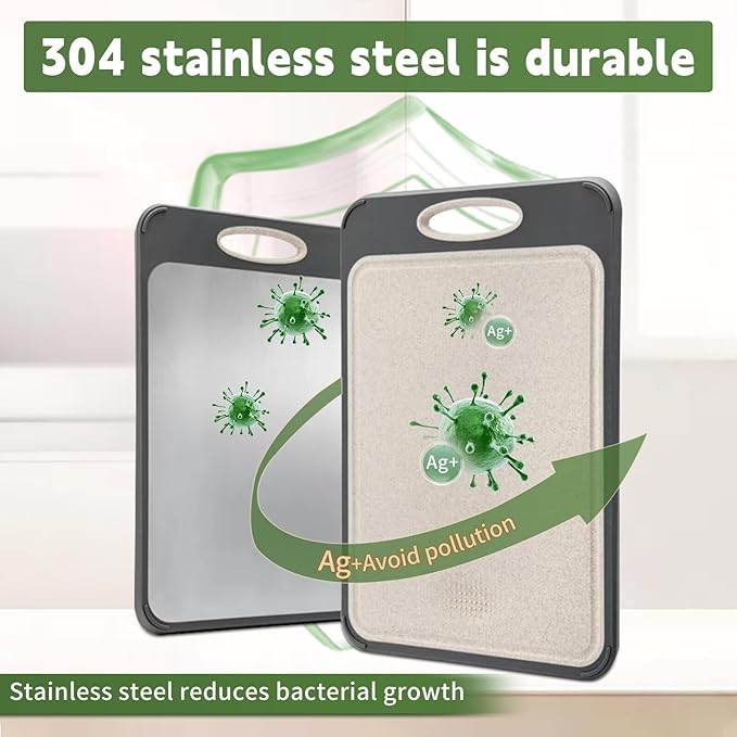 Cutting Board Double Sided,Large Stainless Steel Cutting Boards,Wheat Straw Cutting Boards for Kitchen,for Meat, Veggies, Fruits, with Easy Grip Handle,Dishwasher Safe (1, Large)