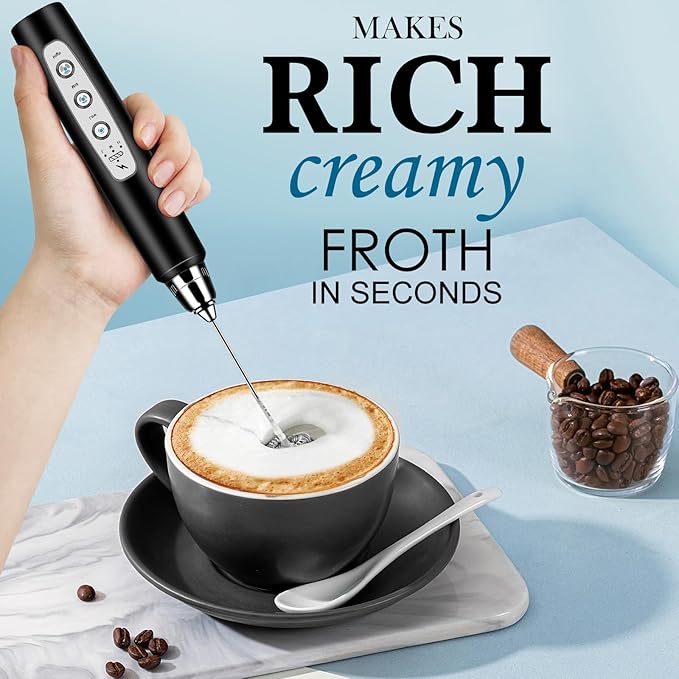 BSRGMS Milk Frother Handheld for Coffee, Electric Whisk 3 Speed Adjustable, Drink Mixer with Stainless 3 Whisks, Rechargeable Hand Frother Wand, Foam Maker for Latte Cappuccino Hot Chocolate Egg Black