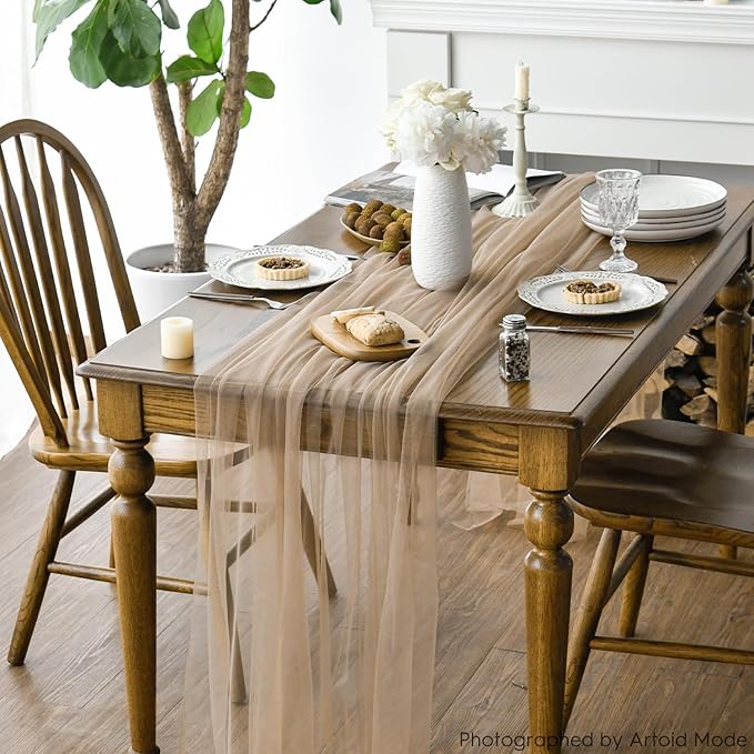 Artoid Mode 3PCS Coffee Gauze Table Runner 120 Inch 10FT, Seasonal Sheer Kitchen Dining Holiday Wedding Birthday Baby Shower Table Decor for Home Party