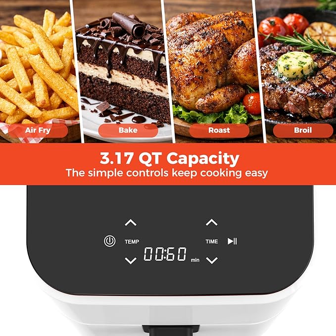 NEWBULIG Air Fryer, Compact Digital 3 Qt Airfryer with Nonstick Plate & Dishwasher Safe Basket, Quick Easy Meals, Features Auto Shutoff and Simple Touchscreen, Ideal for Small Spaces