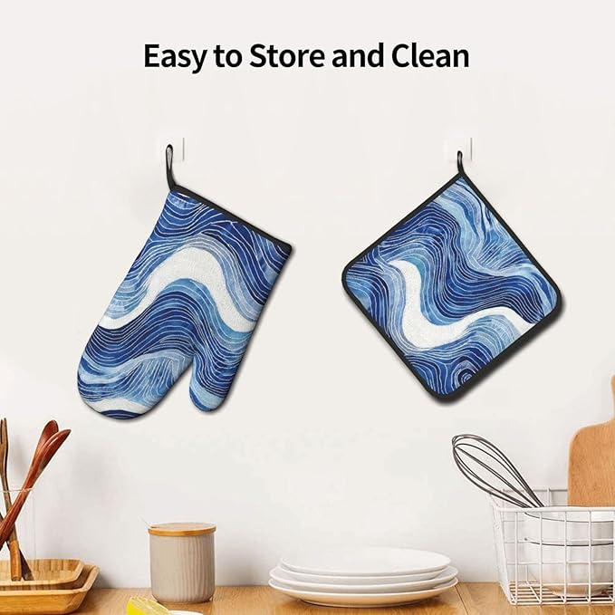 Blue and White Ocean Wave Oven Mitts and Pot Holders Sets of 3, Heat Resistant Non-Slip Washable Coastal Blue White Kitchen Gloves Hot Pads Gift for Baking Cooking Grilling Enthusiasts, Kitchen Decor