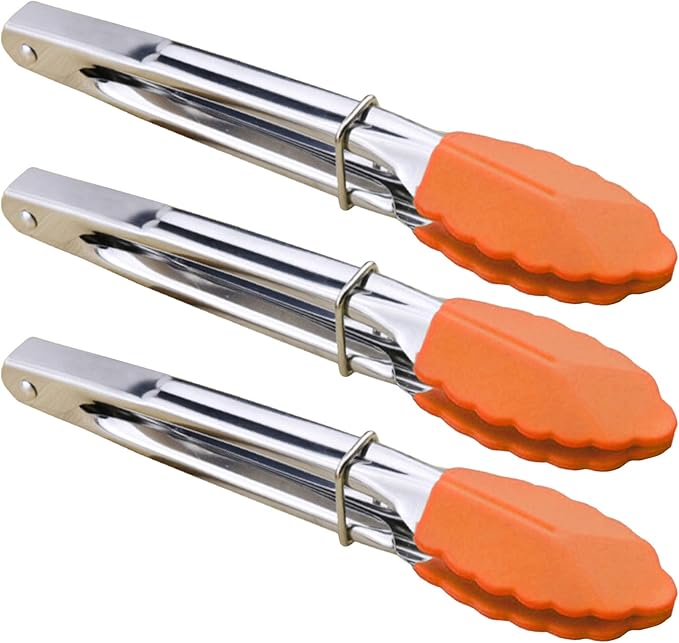 HINMAY Appetizer Tongs 7-Inch Silicone Tipped Kitchen Tongs, Set of 3 (Orange)