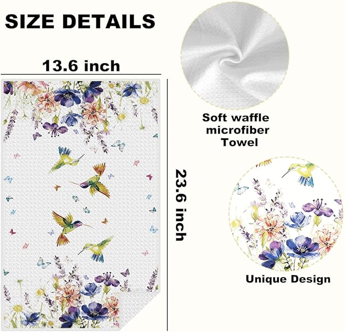 Lovdazzles 2 Pcs Hummingbird Waffle Tea Towels, Soft Absorbent Microfiber Decorative Floral Hand Towels for Kitchen Bathroom, Hummingbird Gifts for Women Spring Party Holiday Supplies