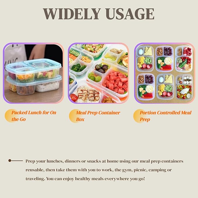 WEEK NINE Bento Lunch Boxes - Reusable 3-Compartment Food Containers for School, Work, and Travel, Set of 7