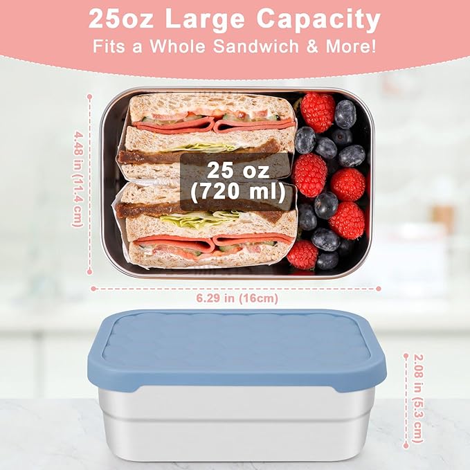 Caperci 25oz Stainless Steel Food Containers, 3-Pack Bento Lunch Box with Silicone Lids, Leak-Proof Reusable Meal Prep Container for Sandwiches & Snacks, BPA-Free (720ML)