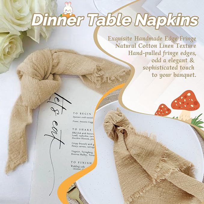 Showgeous 30 Pack Caramel Cloth Napkins with Fringe 16x16 inch 100% Cotton Caramel Napkins Handmade Dinner Napkins Bulk Washable Soft Rustic Table Napkins for Wedding Parties Bridal Baby Shower
