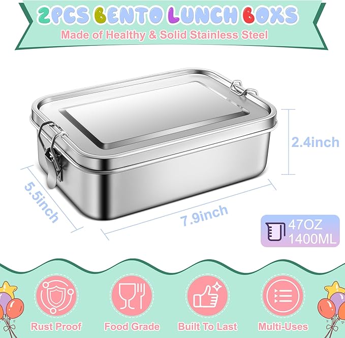 TeamFar Stainless Steel Bento Box, 2 Pack 47oz/1400ml Metal Lunch Box with 3 Compartments for Adults Kids, Large Lunch Food Containers for School/Work/Meal Prep, Leak-Proof & Dishwasher Safe