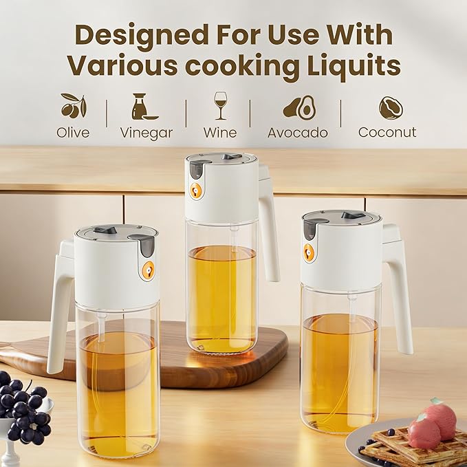 Olive Oil Spray Bottle Dispenser, 2-in-1 Glass Material Kitchen Cooking Oil Sprayer, 20.3 oz/600 ml Cooking Spray, Glass Spray Bottle with Tipper, Food Grade Spray for Kitchen, Salad, Frying, Barbecue