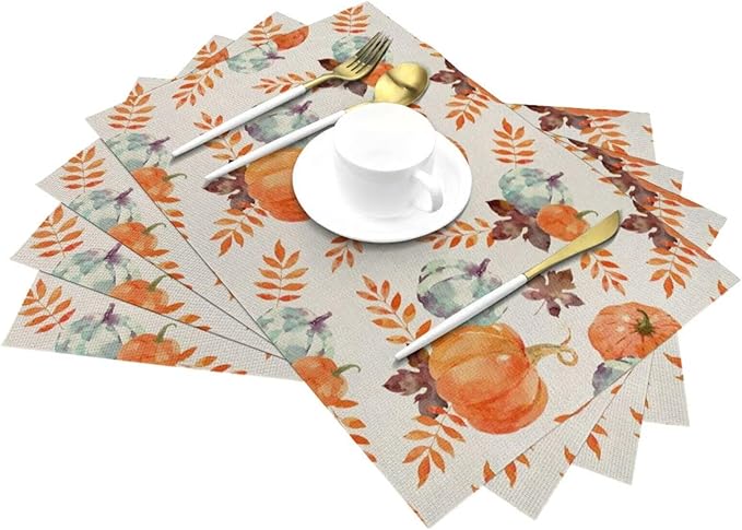 Fall Pumpkin Placemats 12x18 Inch Set of 4, Blue Orange Pumpkin Thanksgiving Table Place Mat Autumn Watercolor Harvest Washable Table Mats Decorative Linen Fabric Table Mat for Dining Table