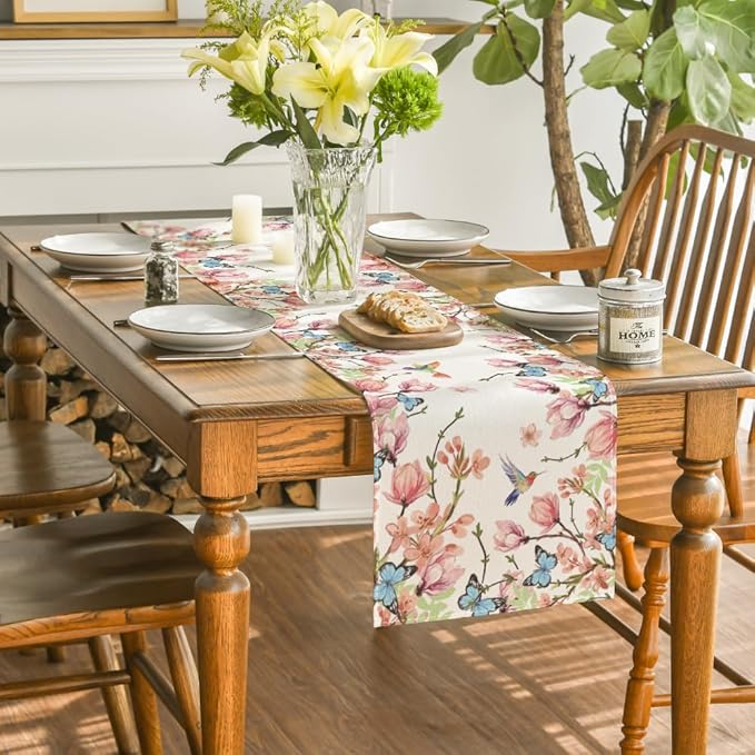 Artoid Mode Flowers Bird Butterfly Spring Table Runner, Seasonal Kitchen Dining Table Decoration for Home Party Decor 13x108 Inch
