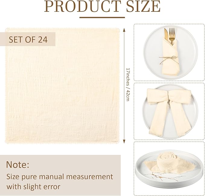 Preboun 24 Pcs Fringe Napkins Bulk Cloth Cotton Soft 17 x 17 Inch Rustic Reusable Washable Festive Square Table Napkins with Fringe for Parties Wedding Restaurant Table Accessory(Ivory)
