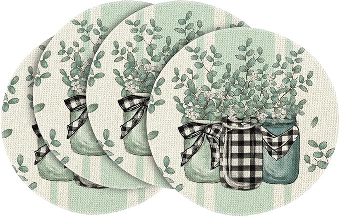Artoid Mode Eucalyptus Buffalo Plaid Spring Placemats Set of 4, 14 Inch Round Vase Seasonal Table Mats for Party Kitchen Dining Decoration