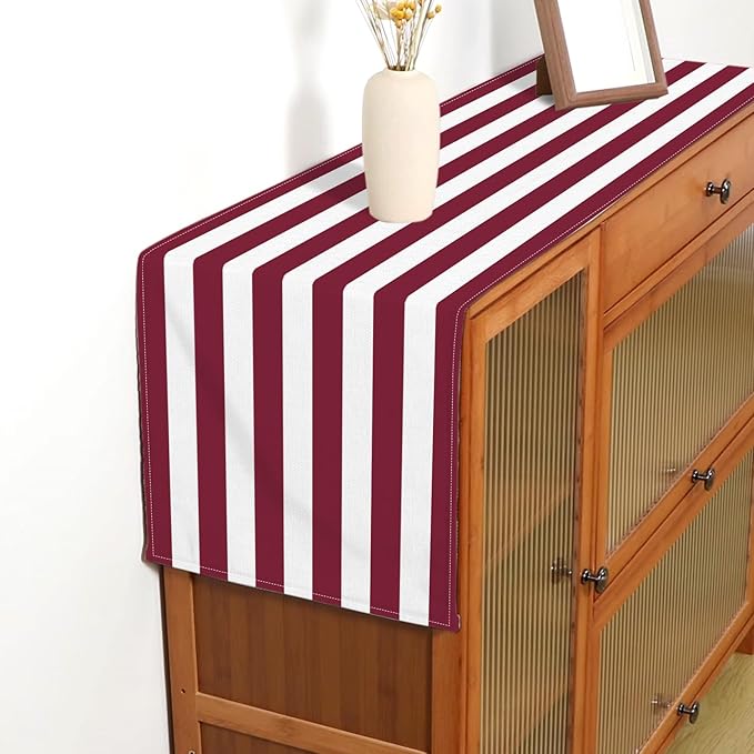 Burgundy and White Striped Table Runner Vintage Dark Wine Red Wedding Bridal Shower Party Decoration Christmas Dining Room Home Kitchen Table Decor (Burgundy, 13" x 72")