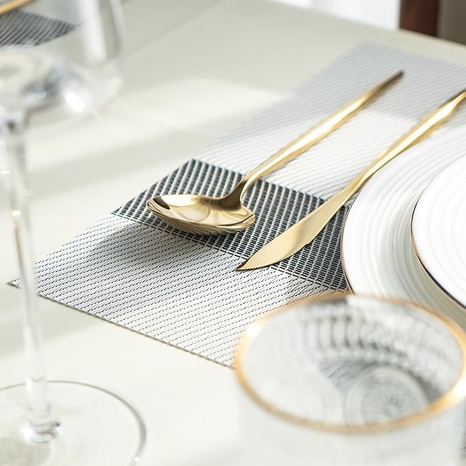 Placemats Set of 12 Vinyl/Plastic Woven Place Mats for Kitchen Table Indoor/Outdoor Washable Placemat Wipeable Dining Table Mats (Silver Cube,12)