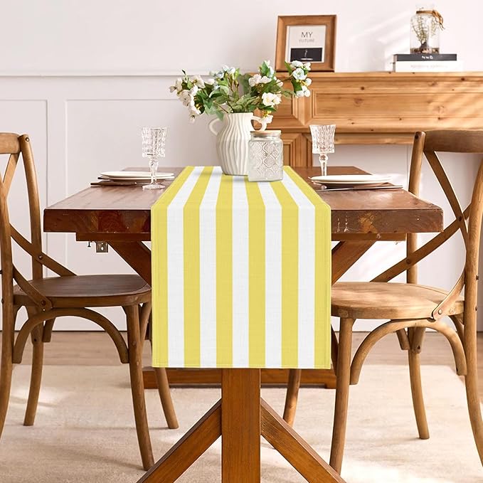 Yellow and White Cabana Striped Table Runner Birthday Party Decoration Baby Shower Dining Room Home Kitchen Table Decor (Yellow, 13" x 108")