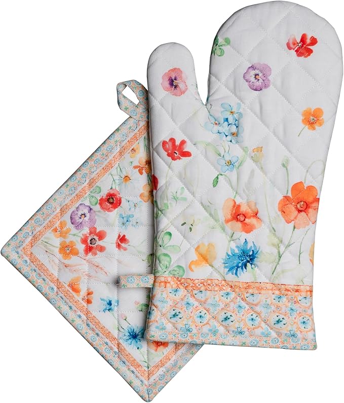 Maison d' Hermine 100% Cotton Oven Mitt & Pot Holder Set (7.5"x13" & 8"x8") Heat Resistant BBQ Cooking Gloves with Loop Baking Grilling Kitchen Gifts for Mothers Day Spring/Summer(Summer Whisper)