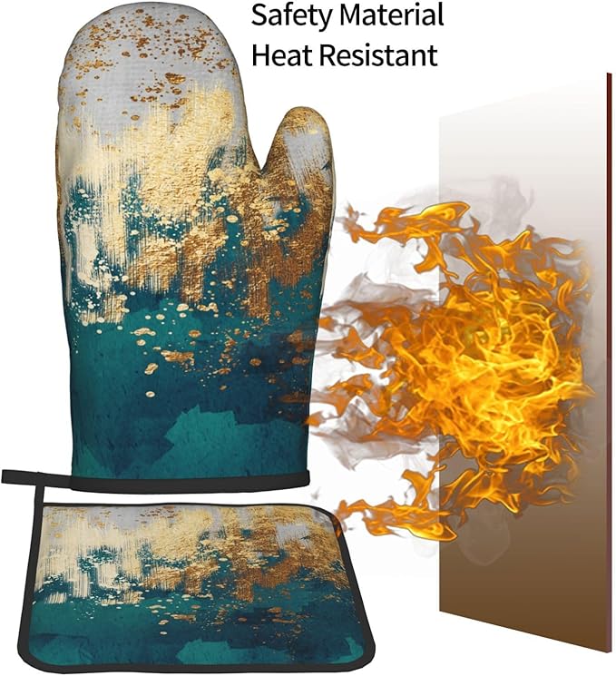 Green Gold Abstract Art Oven Mitts & Pot Holders Sets of 3, Heat Resistant Modern Teal Gold Oven Gloves and Hot Pads for Kitchen Cooking Baking Grilling, Gifts for Women, Holiday Kitchen Home Decor