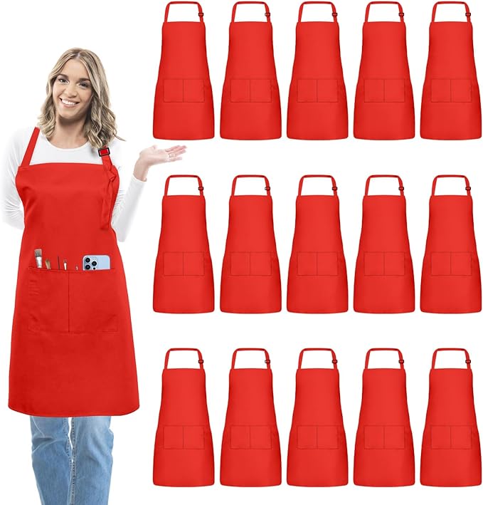 15 Pcs Adult Aprons Bulk with Pockets Adjustable Bib Chef Apron for Women Men Painting Cooking Crafting (S/L)