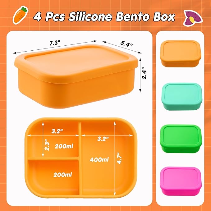 Layhit 4 Pcs Silicone Bento Box for Adults, 27 oz Bento Lunch Container Reusable 3 Compartment Lunchable Food Container for Women Men, Leak Proof Microwave Dishwasher Freezer Safe (Vivid Colors)