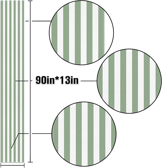 Sage Green and White Cabana Striped Table Runner Baby Shower Birthday Party Decoration Wedding Dining Room Home Kitchen Table Decor (Sage Green, 13" x 90")