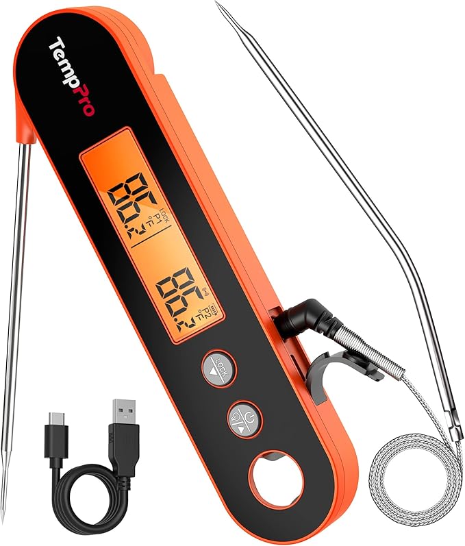 TempPro TP610W Rechargeable Instant Read Thermometer for Cooking, Stainless Steel Meat Thermometer Digital with Alarm, Waterproof Cooking Thermometer for Grill, Smoker, BBQ (Previously ThermoPro)