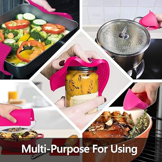 Silicone Oven Mitts and Pot Holders Set, MTZRFLL Extra Long Heat Resistant Oven Gloves with Hot Pads and Mini Oven Mittens for Grilling, Kitchen Cooking Baking, Quilted Lining, Pack of 6 (Rose)