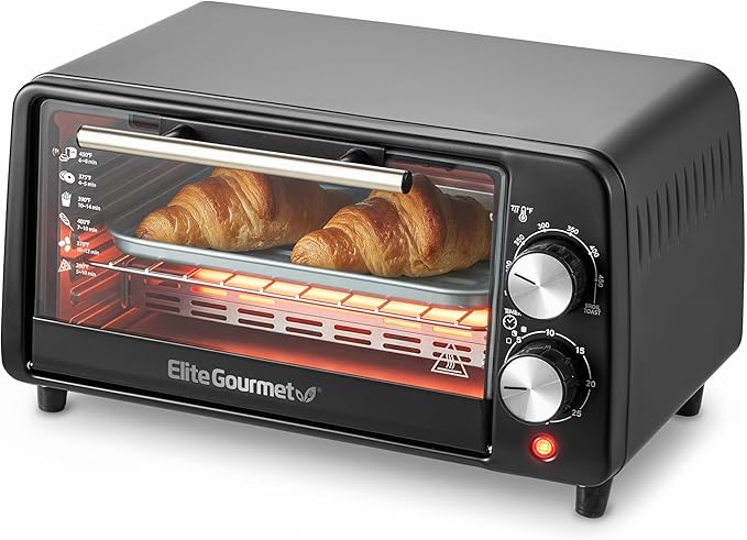 Elite Gourmet ETO449X 9L / 4-Slice Countertop Toaster Oven, Compact Design, 30-Min Timer, Adjustable Temp up to 450°F, 800W Quartz Heating, Drop-Down Crumb Tray, Bake, Broil, Toast, Black