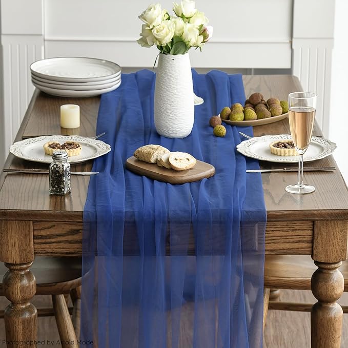 Artoid Mode Navy Blue Gauze Table Runner 120 Inch 10FT, Seasonal Sheer Kitchen Dining Holiday Wedding Birthday Baby Shower Table Decor for Home Party