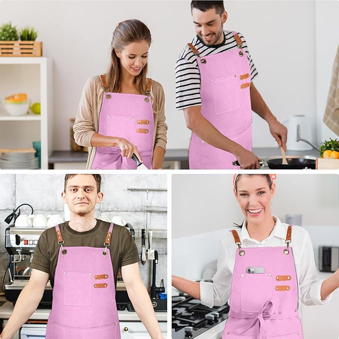 OUNLEN Chef Apron for Men Women Canvas Aprons with 3 Pockets Cross Back Resistant Work Apron for Cooking