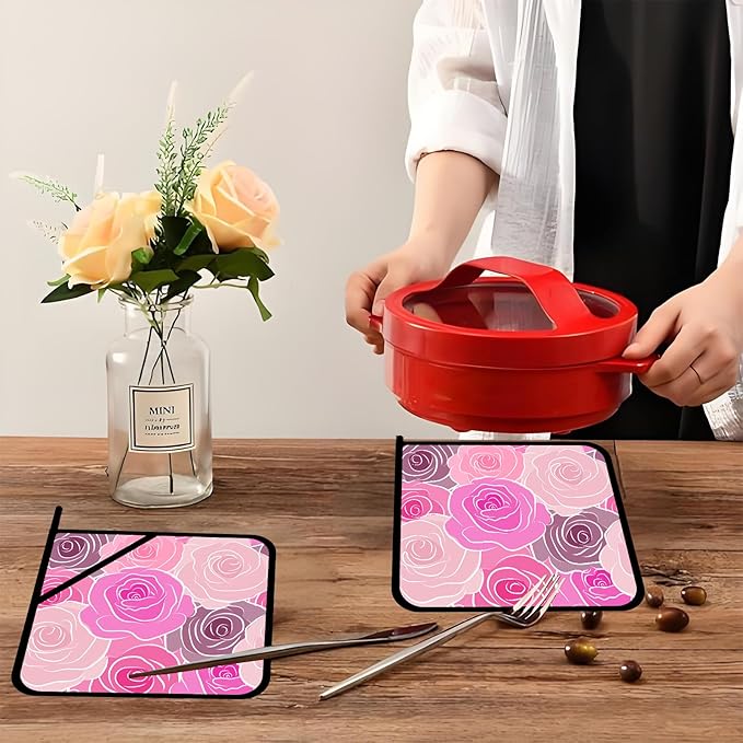 Pink Gold Rose Floral Pot Holders Set of 2,Kitchen Heat Resistant Potholder for BBQ Cooking Baking,Food Hot Pad for Women Men