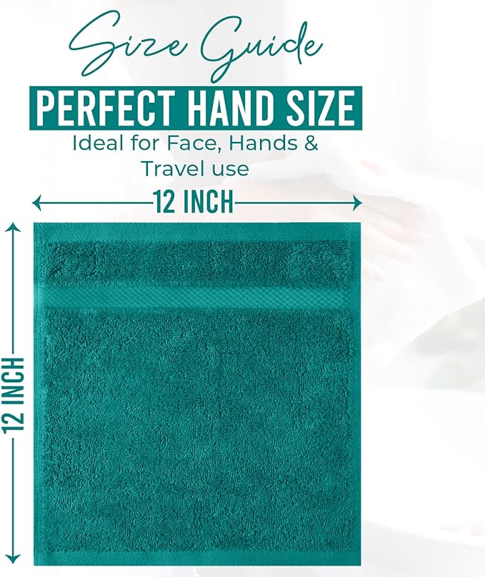 DAN RIVER 12-Pack Premium 100% Cotton Teal Face Towels for Bathroom - Reusable Face Wash Cloths for Showering 12x12 Inches - 550 GSM Super Soft & Absorbent Luxury WashCloths for Body, Spa & Gym
