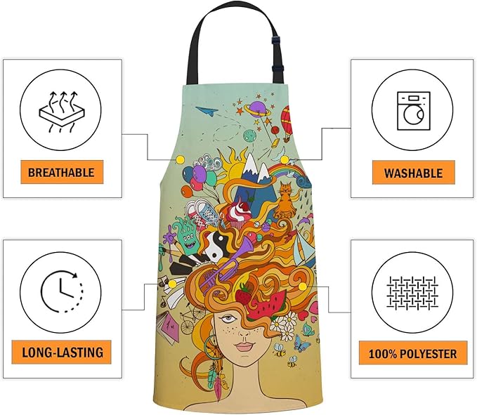 oFloral Psychedelic Girl Apron Adjustable Apron Cooking Kitchen Chef Women Men Aprons for Home Kitchen, Restaurant, Coffee House, Baking Gardening BBQ