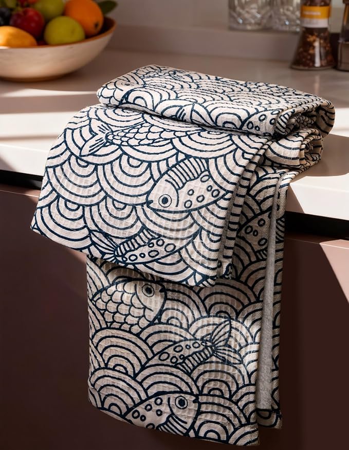 Miss Adola Cotton Waffle Kitchen Towels – Cute 370 GSM 16x25 Inch Terry Cloth Waffle Decorative Dishcloth for Kitchen Set of 2 with Hanging Loops Absorbent Hand Tea Towel for Home Design, Fish