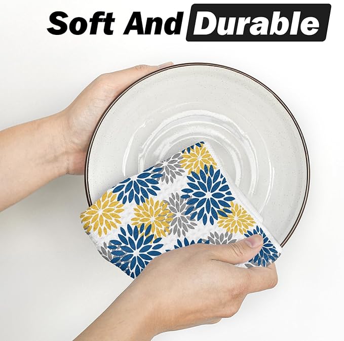 Artoid Mode Dark Blue Dahlia Floral Kitchen Dish Cloths, 12x12 Inch Quick Dry Microfiber Dishcloths for Kitchen Premium Dish Rags Set of 2