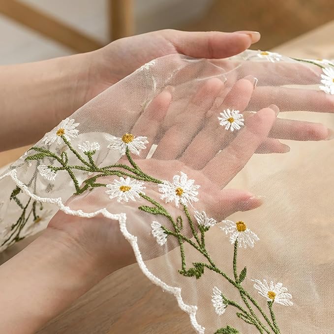 Artoid Mode Daisy Floral Beige Apricot Shaped Gauze Embroidery Table Runner 120 Inch 10FT, Tulle Spring Summer Kitchen Dining Table Decor for Home Party