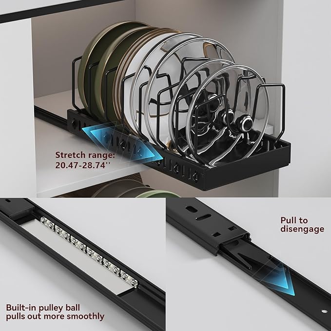Pots and Pans Organizer Under Cabinet, Pull Out Pots and Pans Organizer, Expandable Sliding Lid Holder and Pan Rack for Pot Lid, Bakeware, Dishes, 10 Adjustable Dividers