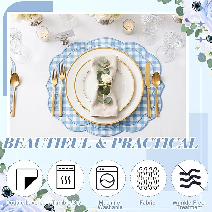 Breling Set of 6 Blue Gingham Placemats Scalloped Embroidered Cotton Linen Placemats 17" x 13" Double Layered Machine Washable Table Place Mat for Wedding Birthday Baby Shower Party Table Decor