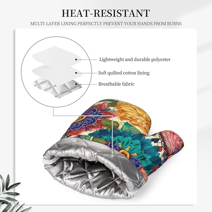 Oven Mitts and Pot Holders Colorful Flower Pattern Boho Silicone Kitchen Accessories Set of 2 Heat Resistant Long Gloves Potholder Non-Slip Grip for Chef Cooking,Baking,Grilling,BBQ
