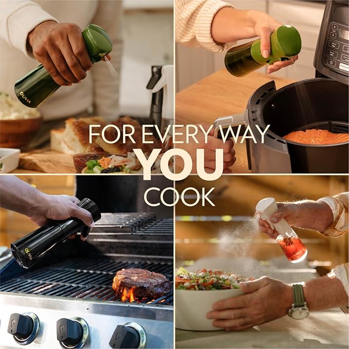 OLIVIA Signature Oil Sprayer for Cooking, 200ml Glass Olive Oil Sprayer, Continuous Cooking Spray Bottle with Portion Control, Olive Oil Dispenser for Kitchen, Air Fryer, Salad, BBQ (Golden Leaves)