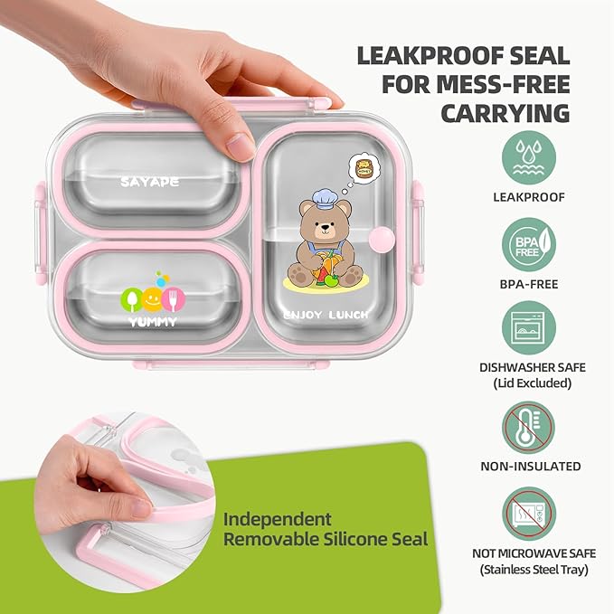 SAYAPE Stainless Steel Bento Lunch Box for Kids, 26.4 oz Leak-Proof 3-Compartment Metal Bento Box, BPA-Free, Cute Cartoon Meal Prep Snack Container with Utensils for School, Office, Travel - Pink