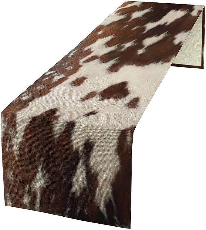 Cow Print Table Runner, Rustic Country Farmhouse Animal Fur Skin Western Farm Brown Cowhide Print Dinner Runner for Home Kitchen Dining Table Decoration 13"x108"