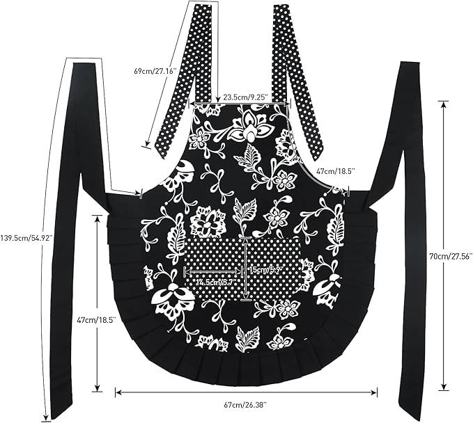 G2PLUS Vintage Floral Kitchen Apron for Women, Black Pleated Hem Cooking Apron with Pocket, Retro Cotton Apron for Kitchen and Home Use (29 x 21 inch)