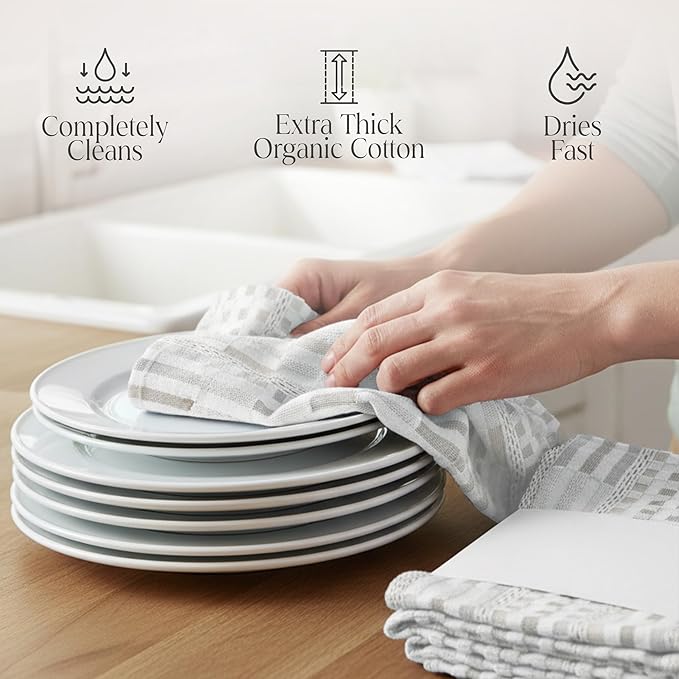 Delilah Home Sea Pines Kitchen Towels – Super Soft and Comfy Kitchen Cloth Napkins Made from Organic Cotton Material for Drying, Wiping, or Cleaning – White-Beige (Pack of 4)