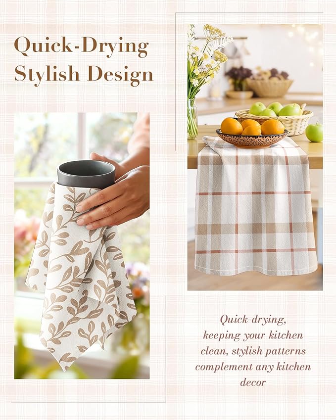 Miss Adola 2pcs Flour Sack Kitchen Towels - 18"x 26" Cotton Kitchen Hand Towels with Hanging Loop Reusable Geometric Beige Plaid Floral Tea Towel Absorbent Dishcloths Home Decor, Botanical Floral