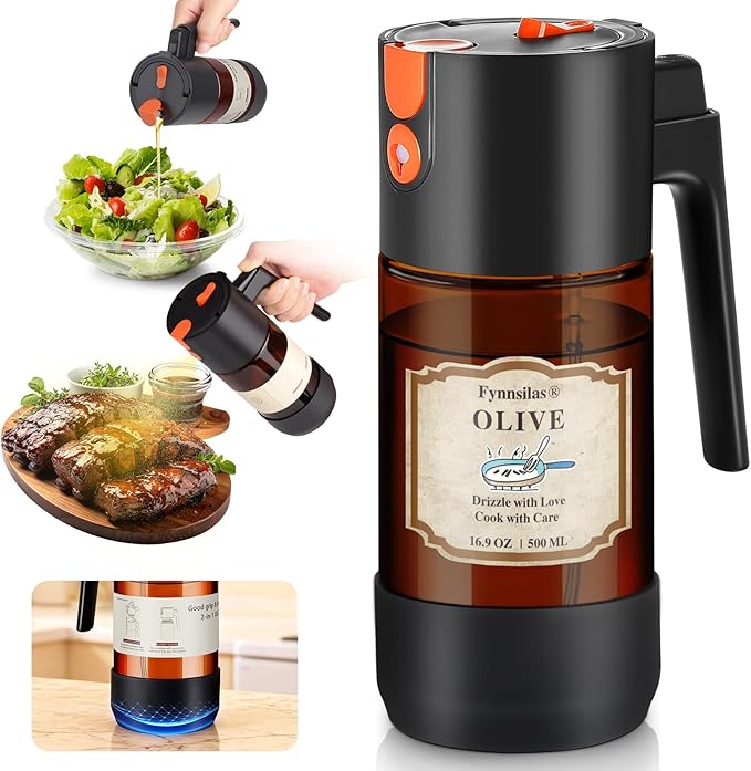 2-IN-1 Oil Sprayer for Cooking with 8 Stickers Light-Blocking Dark Glass Olive Oil Dispenser Bottle for Kitchen 500ml/16.9oz Oil Mister for Air Fryer, BBQ,Salad Even Spray with Portion Control
