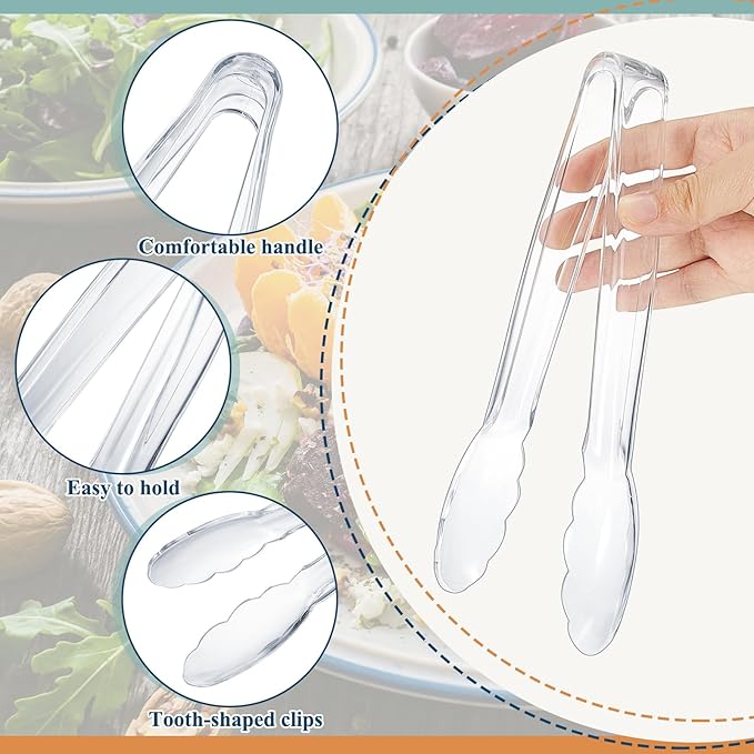 Tessco for you 25 Pcs Plastic Tongs for Serving Bulk, 9 Inch Plastic Disposable Serving Tongs, Heavy Duty Salad Tong for Kitchen, Buffet, BBQ, Events & Catering (Transparent)