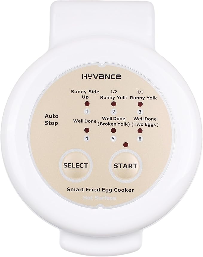 Hyvance Smart Fried Egg Cooker, Automatic Fried Egg Maker for 6 Features like Sunny Side Up, Over Easy, Fully Cooked & More. Auto Power Off, Alarm, Round Shape, Non Stick Coating PFAS FREE (White)