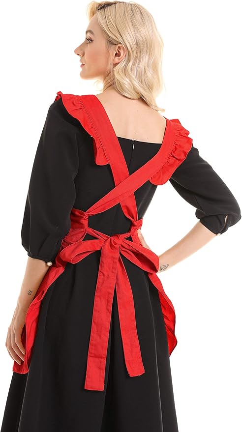 Retro Adjustable Ruffle Apron Kitchen Cooking Baking Cleaning Maid Costume (Red)