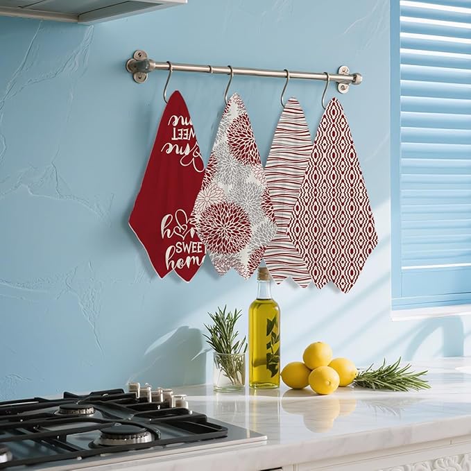 4 Pcs Abstract Artistic Kitchen Towels, Red Flower Soft Absorbent Tea Hand Towel, Microfiber Dish Cloths for Drying Dishes, Waffle Dish Towels for Kitchen Bathroom, Housewarming Gifts for Women