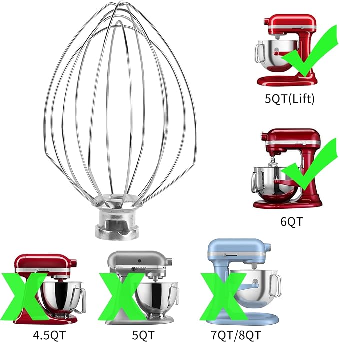 6 Wire Whisk Attachments Compatible with KitchenAid 5Plus-6Quart Mixer, Bowl Lift Stand Mixer Accessories, 6-Quart Stainless Steel Whisk, Egg Cream, Cake Mayonnaise, For Multiple Models